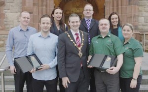 Mayor Martin Reilly  with "Gold Standard Award" recipients, from left, Martin Robinson and Daniel McGeehan (Bentley Bar), and, from right, Bridget Nash and Billy Campbell (Mason's Bar). Included, from left, are Joanne Smith (Drink Think), Eamon O'Kane (Derry Healthy Cities), and Karen Phillips (Derry City Council). Photo: Tom Heaney, nwpresspics