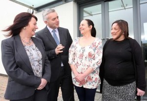 Junior Ministers Jennifer McCann and Johnathan Bell chatting to Helena Kelly and Sharon Casey, participants on the  Community Family Support Delivering Social Change Signature Programme,  during a visit to the Shared Future Centre, Derry. Photo Lorcan Doherty Photography