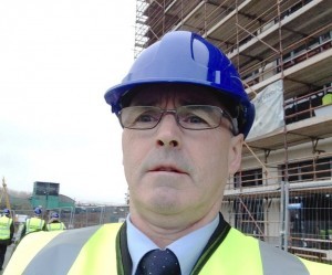 Cllr Barney O'Hagan arriving at today's "topping out" ceremony.