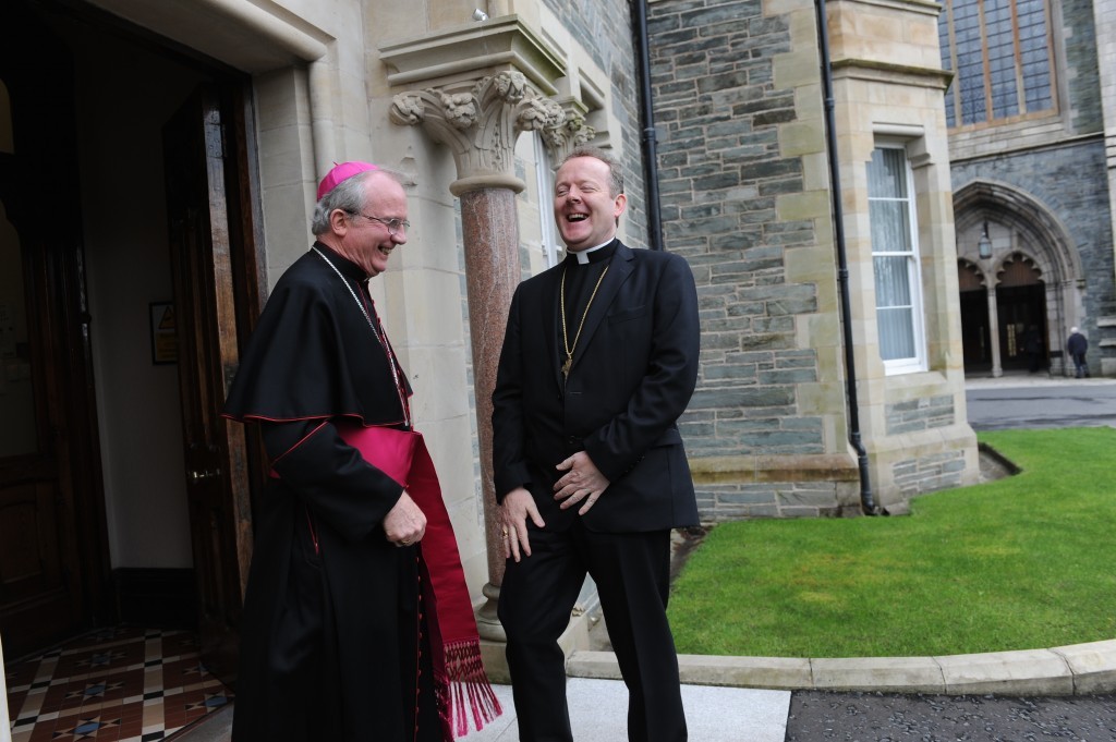 Bishop McKeown shares a joke with Archbishop Eamon Martin before his installation as Bishop of Derry.