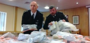 Chief Inspector Jon Burrows (left) and Inspector Declan McGrath with some of the £250,000 worth of drugs seized in Derry in the past year.