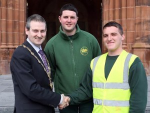 Connor and Gary are congratulated by Derry Mayor Cllr Martin Reilly.