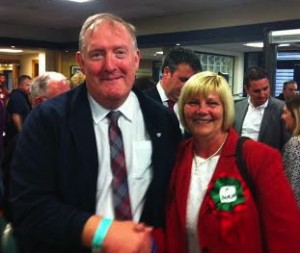 Angela Dobbins is congratulated by SDLP MLA Pat Ramsey on being elected.