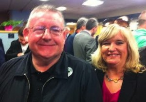 Tony Hassan is congratulated by Sinn Fein MLA Maeve McLaughlin on being elected.