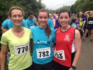 Ladies winner Rhian Pegram (centre), Acorns AC, with runner-up Angeline McShane (right), City of Derry, and Miram Bridge, City of Derry, third.
