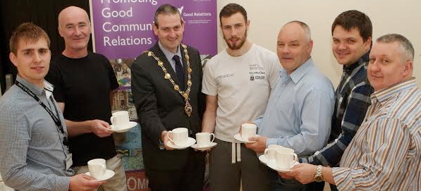 Mayor Martin Reilly at the Community Relations "Breakfast and Banter" event held in All Saints Centre, Clooney, with, from left, Dean Steele, community relations team, Derry City Council, Deaglan O Mochain, Tar Abhaile, Danny Quigley, Derry City Council, Derek Moore, Londonderry Bands Forum, Max Petrushkin, NICEM, and Ray Wilson, PSNI. (Photo - Tom Heaney, nwpresspics)
