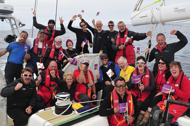 The crew of the Derry Clipper celebrate winning the race from New York.