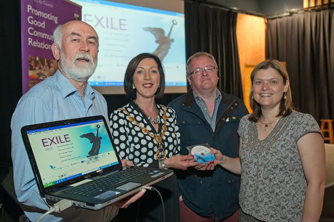 Derry Mayor Mayor Councillor Brenda Stevenson at a screening of the Exile DVD in Cultúrlann Uí Chanáin as part of Community Relations Week 2014 with Eamon Baker from the Holywell Trust, Jonathan Burgess and Sue Divin, Derry City Council Community Relations Officer. Photo: Martin McKeown. Inpresspics.com.