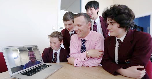 Year 9 and 10 pupils at Foyle College, Jordan McGrory, Colm Kuan, Jamie McKee, Brian Boyle and their teacher, Alistair Manning,  enjoying their exclusive webchat with Sean McCarter live from New York. Photo: Lorcan Doherty Photography. 
