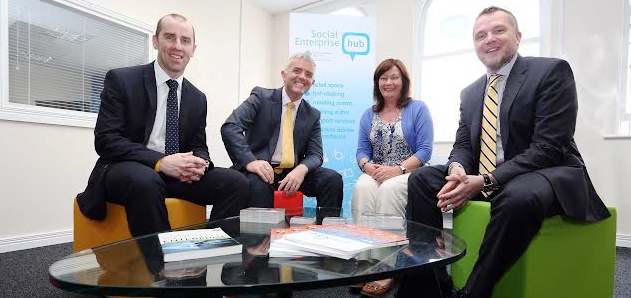 Junior Ministers Jonathan Bell and Jennifer McCann at the official opening of the North Western Social Enterprise Hub with (left) Brian O'Neill, Hub manager and (right) John McGowan,  chief executive, Enterprise North West. Photo: Lorcan Doherty Photography