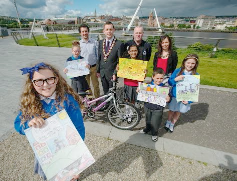 Winner Mia Shearring, of Nazareth House PS, and runners up of the Bike Week P6 poster competition were all smiles as they joined the Deputy Mayor, Alderman Gary Middleton to launch this year’s Bike Week festival. Included are Ross McGill of Sustrans, Brian Cassidy of Claudy Cycles, and Denise McCallion of the Public Health Agency.