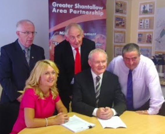 Deputy First Minister Martin McGuinness with (front) Ciara Ferguson, manager, Greater Shantallow Area Partnership (GSAP) and Peter McDonald, chairman, GSAP. At back are (left) Noel McCartney, chairman, local Social Development Fund and Michael Gallagher, Ilex.
