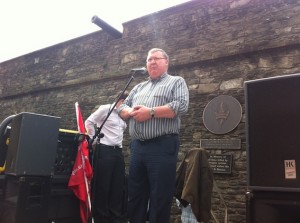 Local trader union leader addressing the rally in Guildhall Square.