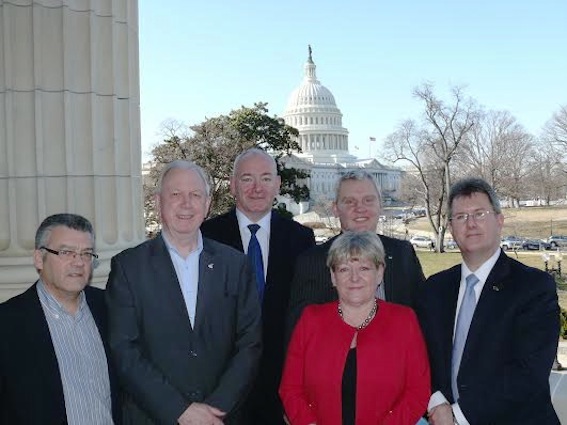 Foyle MP Mark Durkan joining a JFC delegation of politicians and trade union leaders from Northern Ireland on a visit to Washington D.C. in March 2014 to talk to US legislators about the Colombian peace process ahead of this week’s visit to the country. Included, from left, are Brian Campfield (NIPSA), Jimmy Kelly (Unite), Mark Durkan (SDLP), Patricia McKeown (Unison), John McCallister (NI21) and Jeffrey Donaldson (DUP).