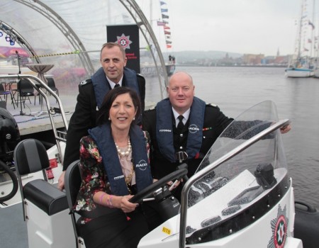Pictured at the Boat Naming Ceremony which took place on 25 June on the River Foyle are (back) Western Area Commander Trevor Ferguson, the Mayor of Derry Cllr Brenda Stevenson and Chief Fire Officer Chris Kerr.  T