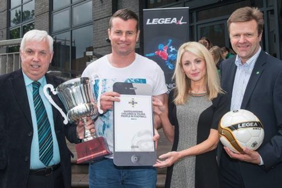 Former Republic of Ireland goalkeeper Shay Given launching this year's   Hughes Insurance Foyle Cup with tournamentchairman Michael Hutton (left) and Jessica de Largy and Jim Grattan from the Irish FA.