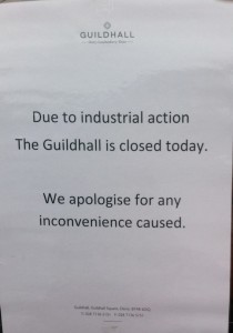 The notice on the shut gates of the Guildhall.