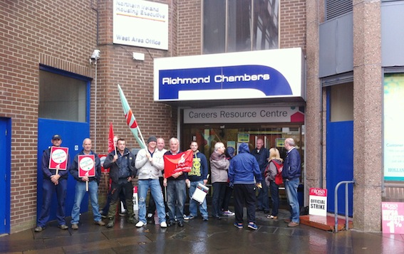 Housing Executive staff on the picket line at Richmond Chambers.