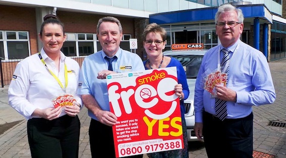 Pictured supporting Smoke Free Taxis at Altnagelvin Hospital are (from left) taxi driver Denise Casey, Willie Doherty, manager, City Cabs, Mary Campbell, Western Trust Smoking Cessation Nurse Specialist and Dr Albert McNeill, Western Trust Lead Clinician for Cardiology and co-chair of Smokefree Group.