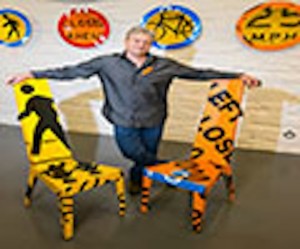 Artist Boris Bally from the USA pictured at the launch of the Reclaim/Repurpose Exhibition at the Stables in Ebrington with some of his platters and chairs made from Recycled traffic signs. Photo: Martin McKeown. Inpresspics.com. 