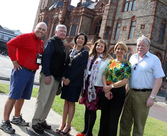 US Military Historical TourS representatives  (left), Bill McCulloch and Dave Wall, meeting the Mayor Councillor Brenda Stevenson, during their visit to the city, accompanied by Mary Blake, DCC Tourism development officer, Karen Henderson, sales AND marketing with Visit Derry and city guide Ian Henderson. 