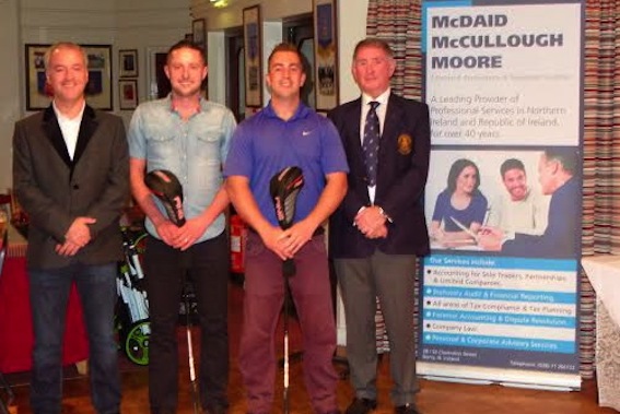 Gary Brown and Darren Heaney (centre), winners of the McDaid, McCullough and Moore pairs competition at City of Derry Golf Club. Included are Michael McCullough (left) and Bob McKimm, club captain.
