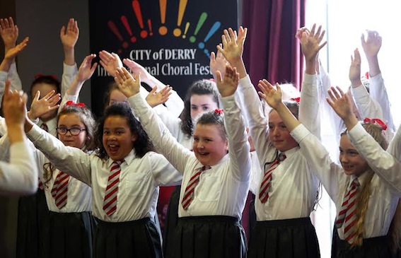 Pupils from Holy Family Primary School performing at the launch of the second City of Derry International Choral Festival.