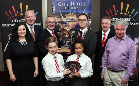 At the launch of the second City of Derry International Choral Festival were - back Row: Fiona Crosbie (festival manager), Foyle MP Mark Durkan, Dónal Doherty (artistic director), Deputy Mayor Alderman Gary Middleton, Feargal O’Canain (general manager, City Hotel), Matthew Greenall (executive director, Walled City Music). Front Row: Caoimhin Doherty and Naoise Henry (Holy Family Primary School Choir).