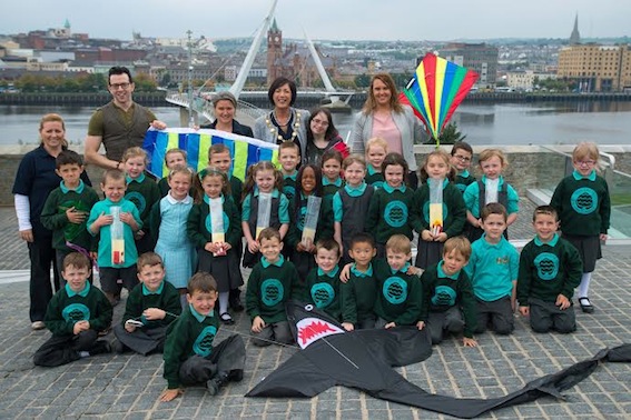 Mayor Cllr Brenda Stevenson pictured with Primary Two children from Oakgrove Integrated Primary and Nursery School who will be taking up the chance to fly kites at Ebrington Square on Sunday the 21st of September. Included are Roisin Crawford, Stem Aware, Kevin Holly, teacher, Rosalind Young PEACE III Programme Manager, Jill Webster, classroom assistant and Gemma Scarlett, Children and Children and Young People's Officer, Derry City Council. Photo: Martin McKeown. Inpresspics.com. 