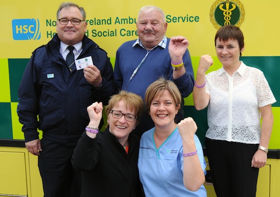 Pictured at the launch of the oyxgen alert medical bracelets were, back (from left), Seamus McAllister, Divisional Training Officer (West), Northern Ireland Ambulance Service, Patient Kevin McKay, Dr Rose Sharkey, Respiratory Consultant, Western Trust; ront, from left, Mary McMenamin (left), Respiratory Co-ordinator, Western Trust and Paula Devine, Respiratory Nurse Case Manager, Western Trust.