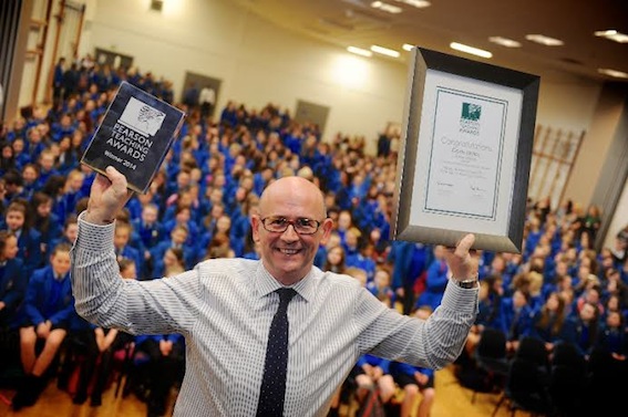Gavin Molloy celebrates with St Mary's College pupils being awarded  Silver Pearson Teaching Award. Photo: Stephen Latimer.
