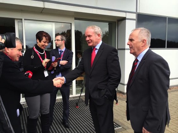Deputy First Minister Martin McGuinness arriving to announce the new jobs at Seagate Technology. Included (on right) is Raymond McCartney, Sinn Fein MLA for Foyle.