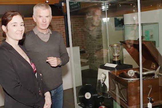 Roisin Doherty, curator, Tower Museum, at the launch of an exhibition of Irish born tenor Michael O'Duffy "The Golden Voice" collection, with his son Paul. (Photo - Tom Heaney, nwpresspics)