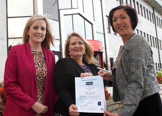 Oonagh O'Doherty, corporate health and safety officer, Derry City Council, Sharon O'Connor, Chief Executive, and Mayor Brenda Stevenson pictured with the 18001 certificate presented to Derry City Council (Photo - Tom Heaney, nwpresspics)