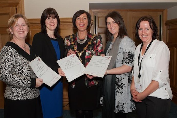 Mayor Brenda Stevenson presenting certificates to three teachers on completion of the "Forest Schools' Planning, Delivery and Evaluation" course, provided by Faughan Valley Landscape Partnership. From left, Moira O'Kane (St. Colmcille PS, Claudy) Mary Redmond (St. Mary's PS, Altinure), and Laura McGeady (Glendermott PS). Also included is Annie Mullan, Derry City Council. (Photo - Tom Heaney, nwpresspics)