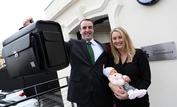 Environment Minister Mark H. Durkan arrives for the opening of the DOE Regional HQ at Ebrington, with his wife, Anne, and nine-day-old baby daughter, Lily. Photo Lorcan Doherty Photography