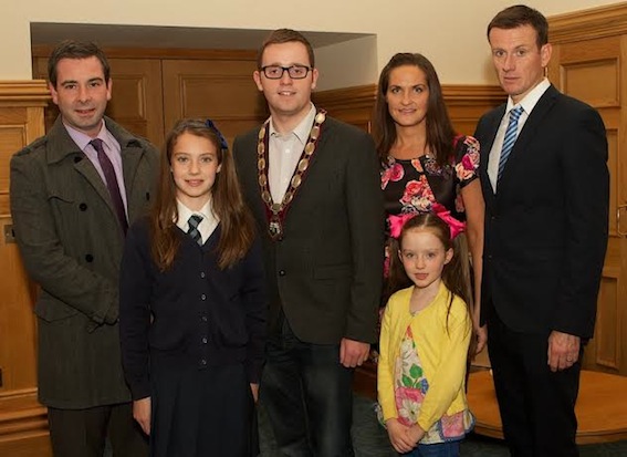 Deputy Mayor Gary Middleton with Local Democracy Week art competition winner Lauren Burton (Rosemount PS). Included are parents, and sister Lily Mai. Also included is Shaun McLaughlin, principal, Rosemount PS. (Photo - Tom Heaney, nwpresspics)