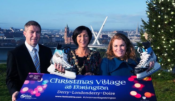 Mayor Councillor Brenda Stevenson pictured with Paul Doherty from ILEX and Karan Leonard,  Events Manager at Derry City Council at Ebrington Square which will this year host Derry's Christmas Village. Picture Martin McKeown. Inpresspics.com