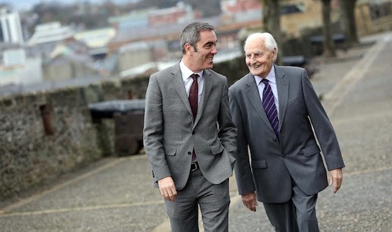 James Nesbitt and his father, James, take a stroll on Derry's historic Walls he and the walls  were named as Northern Ireland’s National Treasures. following an online poll to celebrate 20 years of the National Lottery. Photo: Lorcan Doherty Photography