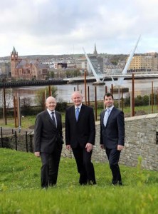 Deputy First Minister, Martin McGuinness  with Philip Flynn, chair of Ilex and Mel Higgins, chief executive at the completion of a £5.5m capital project at Ebrington. Photo: Lorcan Photography 