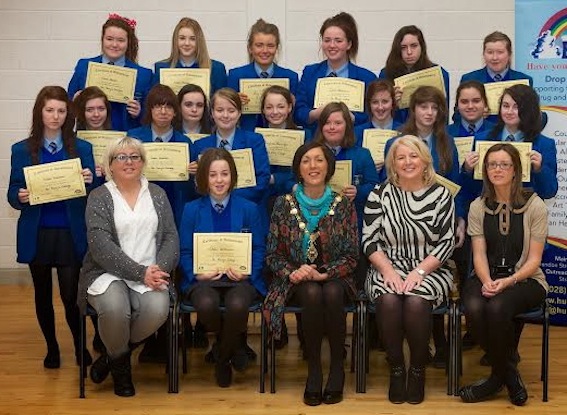 The Mayor of Derry, Councillor Brenda Stevenson, pictured with pupils and staff from St Mary's College, after they completed the life skills programme in association with HURT. Included, are Mrs Katrina Kealey, Linda Kelly and Rachel McGrory, project leaders. Photos: Stephe