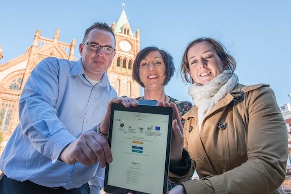 Mayor Councillor Brenda Stevenson, Derry City Council ICT Manager, Paul Jackson and Emma McLaughlin, IT Officer from the council's Economic Development office, at the launch of Derry City Council's Free Wi-Fi access that is available in public buildings. Photo: Martin McKeown. Inpresspics.com 