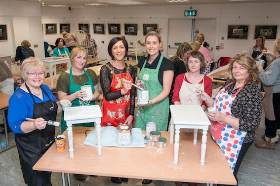 The Mayor Councillor Brenda Stevenson pictured during an upcycling workshop in Pilots Row as part of the European Week for Waste Reduction. Included are Kate Nash, Catriona Jones, facilitator, from The Olive Tree, Julie Hannaway, Derry City Council Recycling Offier, Judi Logue and Councillor Patricia Logue. Picture Martin McKeown. Inpresspics.com. 26.11.14