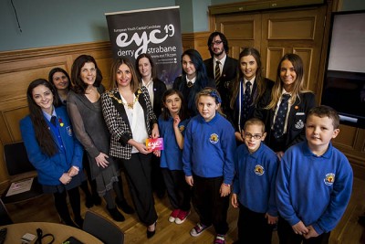 Former Mayor of Derry City and Strabane District Council pictured last December at European Youth Capital 19 event in the Guildhall with representatives from various primary and secondary schools throughout the north west. Included are Oonagh McGillion, Director of Legacy and Emma McLaughlin, EYC Officer, Derry City and Strabane District Council.