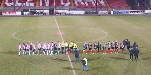 The teams lining out for last night's friendly between Derry City and Glentoran at the Oval, Belfast