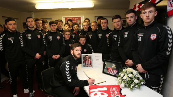 The Mayor of Derry and Strabane District Council opens the Book of Condolences for Mark Farren at the Brandywell. Derry City Team Photo Lorcan Doherty / Press Eye