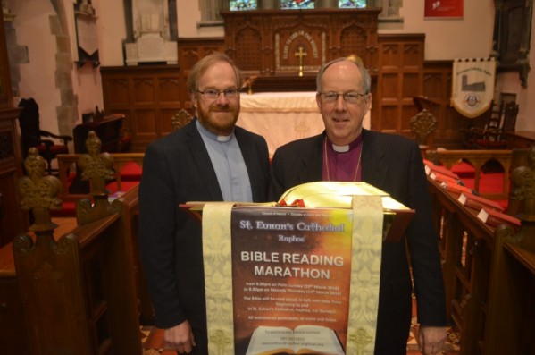 Photo shows the Dean of Raphoe, the Very Rev Arthur Barrett, with the Bishop of Derry and Raphoe, Ken Good, in St Eunan's Cathedral, Raphoe, where the Bible Reading Marathon will take place.