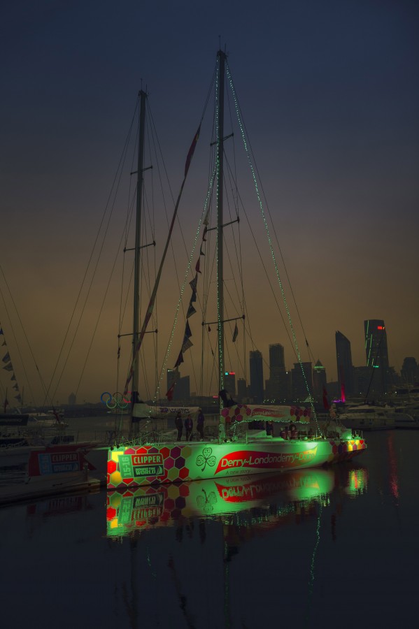 PIC SHOWS: the Derry Clipper face yacht joins Tourism Ireland’s Global Greening initiative in Qingdao, China, to celebrate the island of Ireland and St Patrick – ahead of its return home for the Foyle Maritime Festival. 