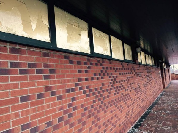 The damaged windows at St Cecilia's Sports Pavilion in Creggan carried out by children as young as 12 who attacked the building with uprooted trees