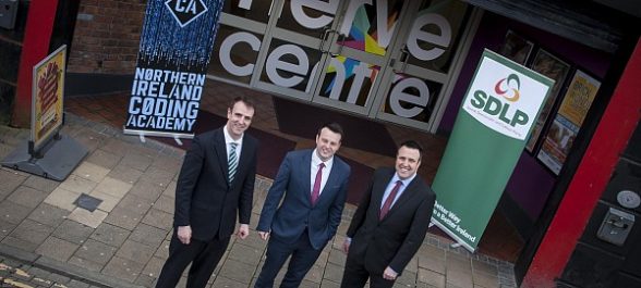 SDLP leader Colum Eastwood pictured with Mark H. Durkan and Gerard Diver at the Nerve Centre, Derry